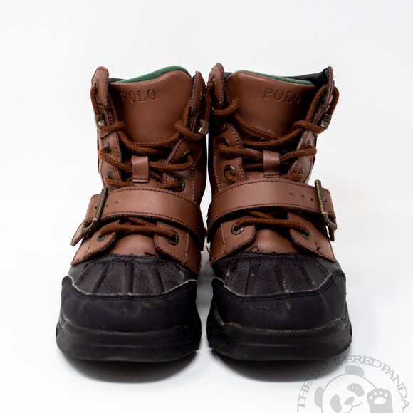 Polo Ralph Lauren Ranger Combat Boots Hi Top Brown Leather Rubber Boys Size 1 - Picture 3 of 8